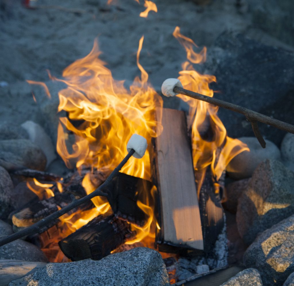 Roasting marshmallows at a campfire at the beach at dusk