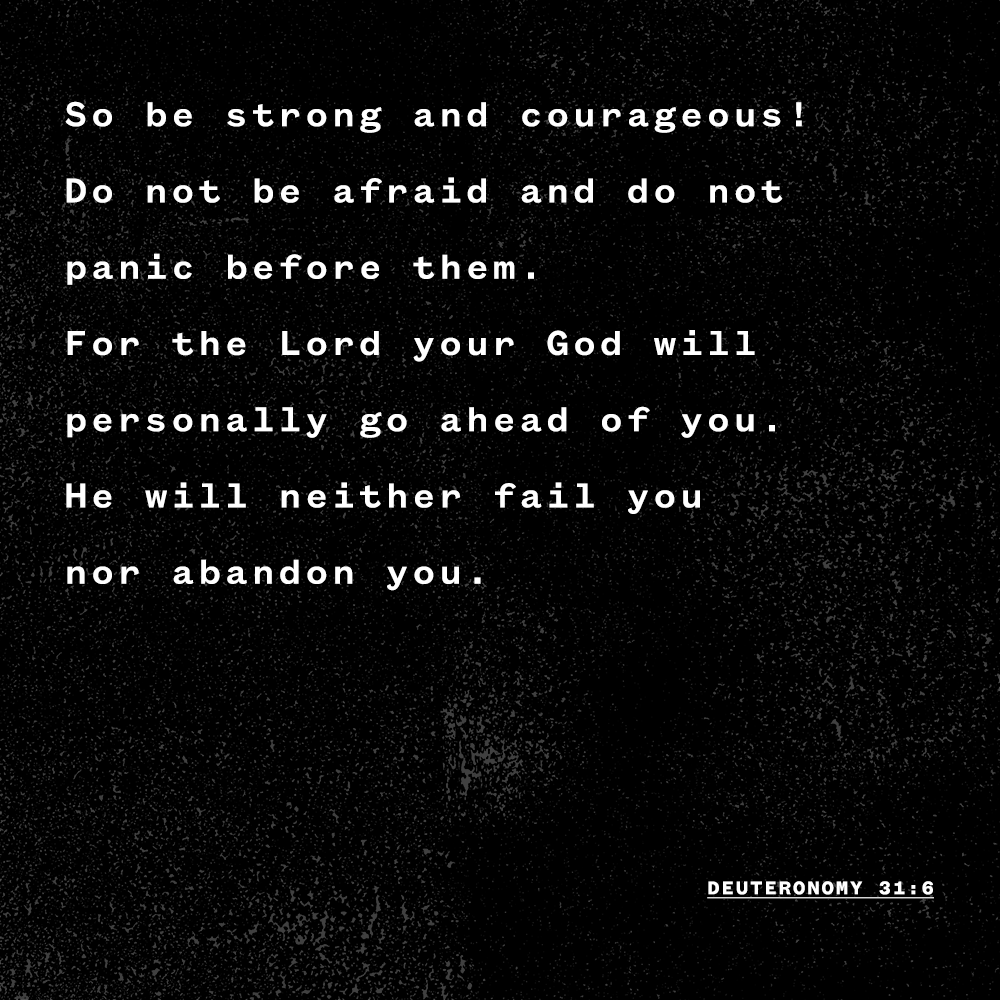 "So be strong and courageous! Do not be afraid and do not panic before them. For the Lord your God will personally go ahead of you. He will neither fail you nor abandon you.” - Deuteronomy 31:6